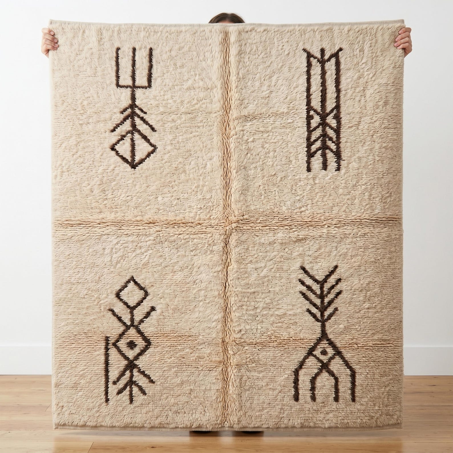 Berber Amazigh Beni Ourain Ivory Wool Rug With Tribal Symbols