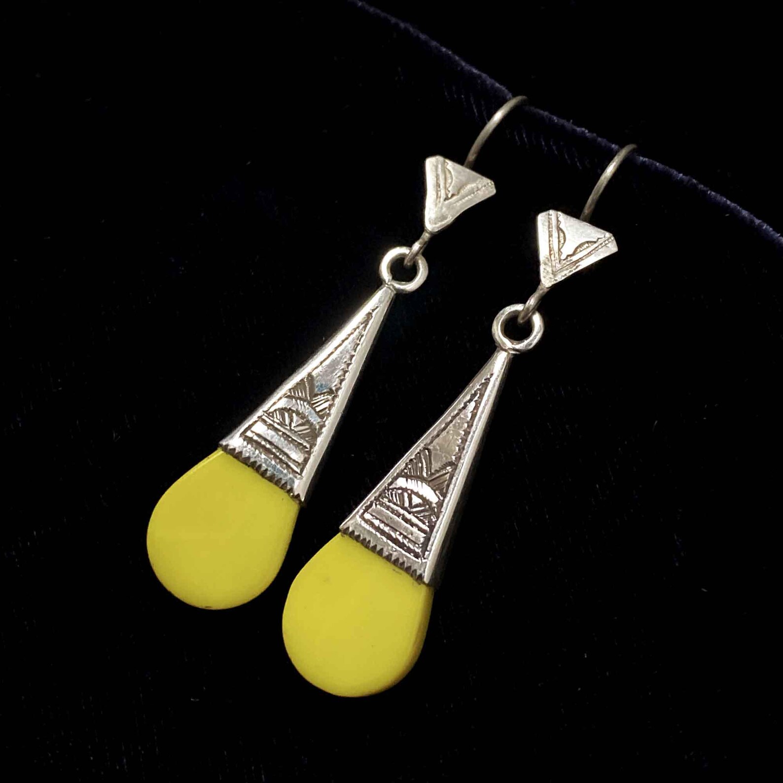 Berber Tuareg Silver and Glass Yellow Earrings with Verre In-Gall Design
