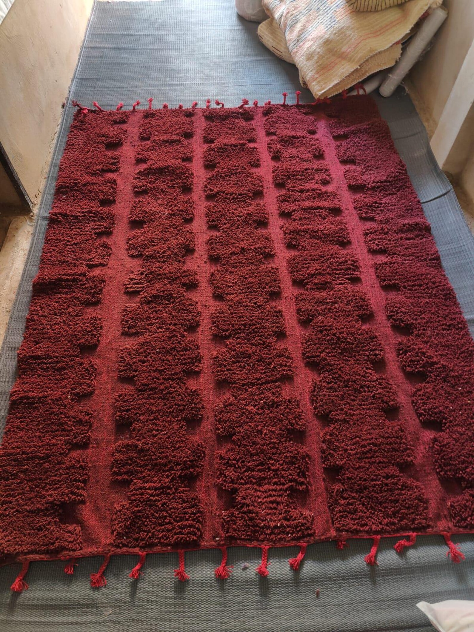 Berber Burgundy Beni Ourain Textured Wool Geometric Rug
