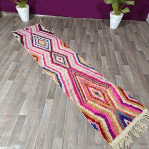 Berber Handmade Beni Ourain Wool Runner Rug Colorful Geometric Design