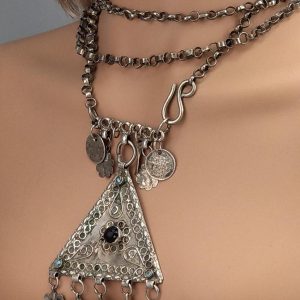 Berber Antique Triangular Pendant Necklace with Long Chain Design