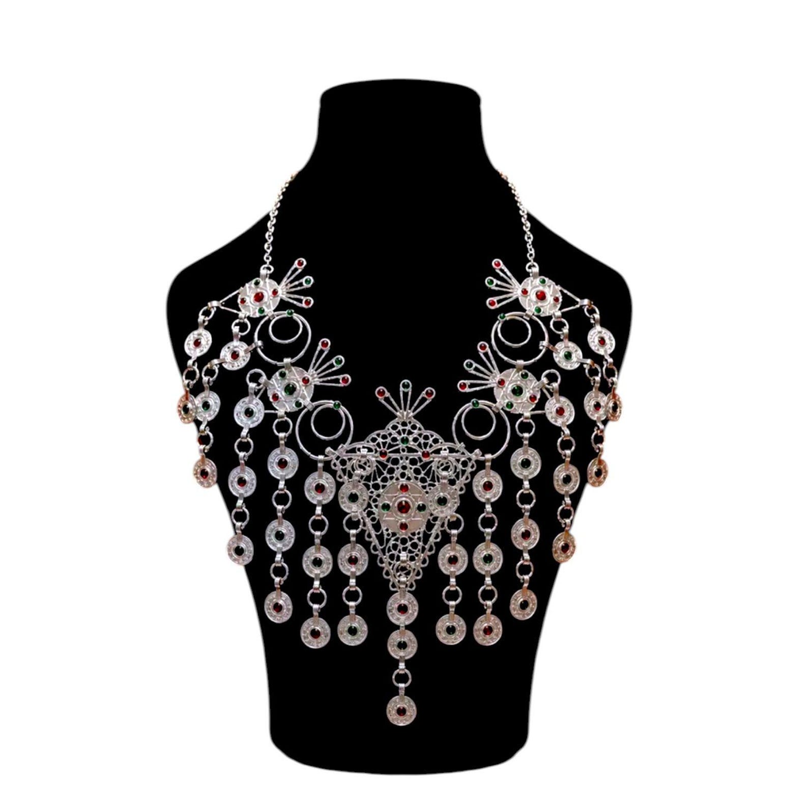 Amazigh Berber Silver Plated Statement Necklace with Tribal Design