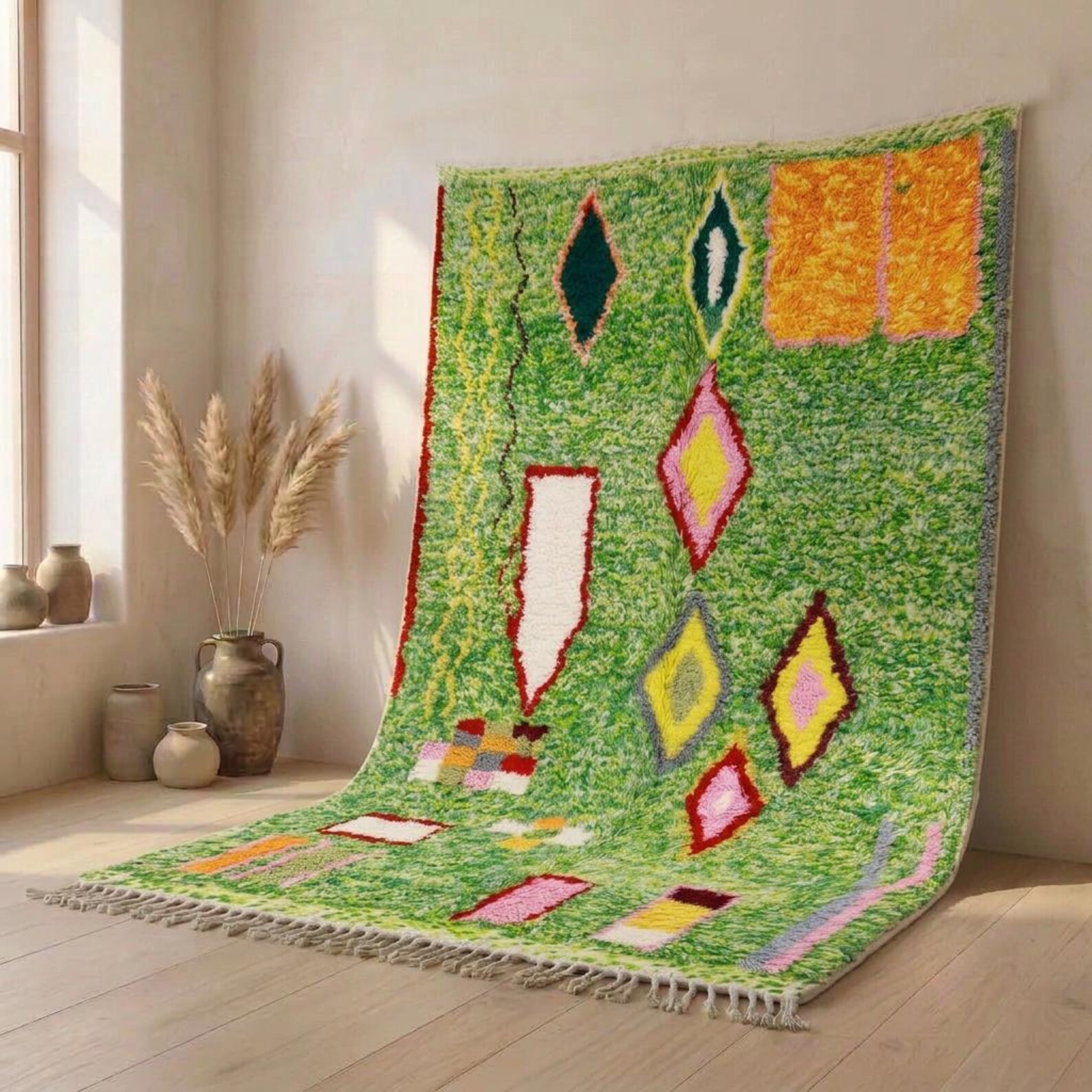 Colorful Amazigh Berber Green Wool Rug With Abstract Geometric Design