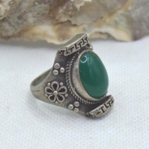 Amazigh Berber Green Agate Silver Statement Ring with Tribal Details