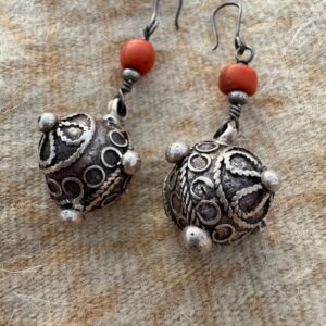 Berber Silver Earrings with Natural Coral Bead Pendants