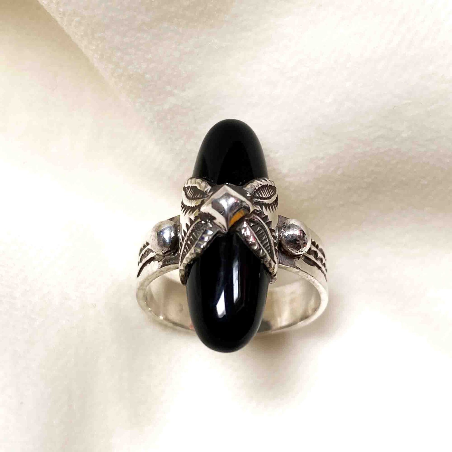Berber Tuareg Silver Onyx Ring with Engraved Design