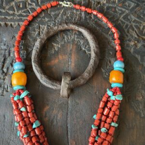 Berber Amazigh Tuareg Cross Pendant Necklace Coral Turquoise