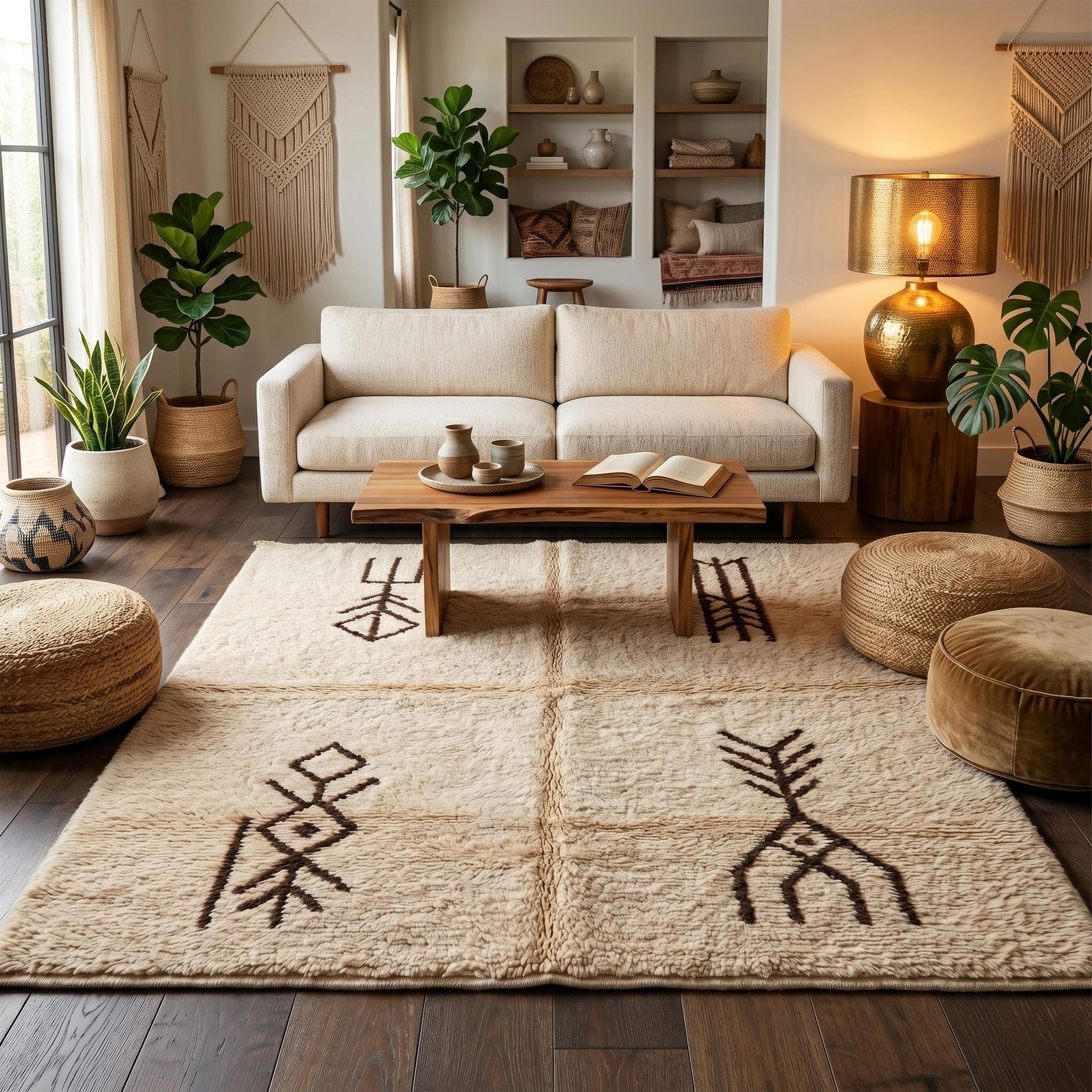 Berber Amazigh Beni Ourain Ivory Wool Rug With Tribal Symbols