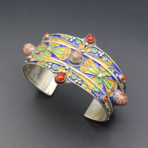 Berber Tuareg Sterling Coral Enamel Cuff Bracelet Jewelry