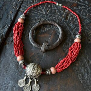 Berber Amazigh Tagmout Necklace with Coral Beads and Silver Pendant