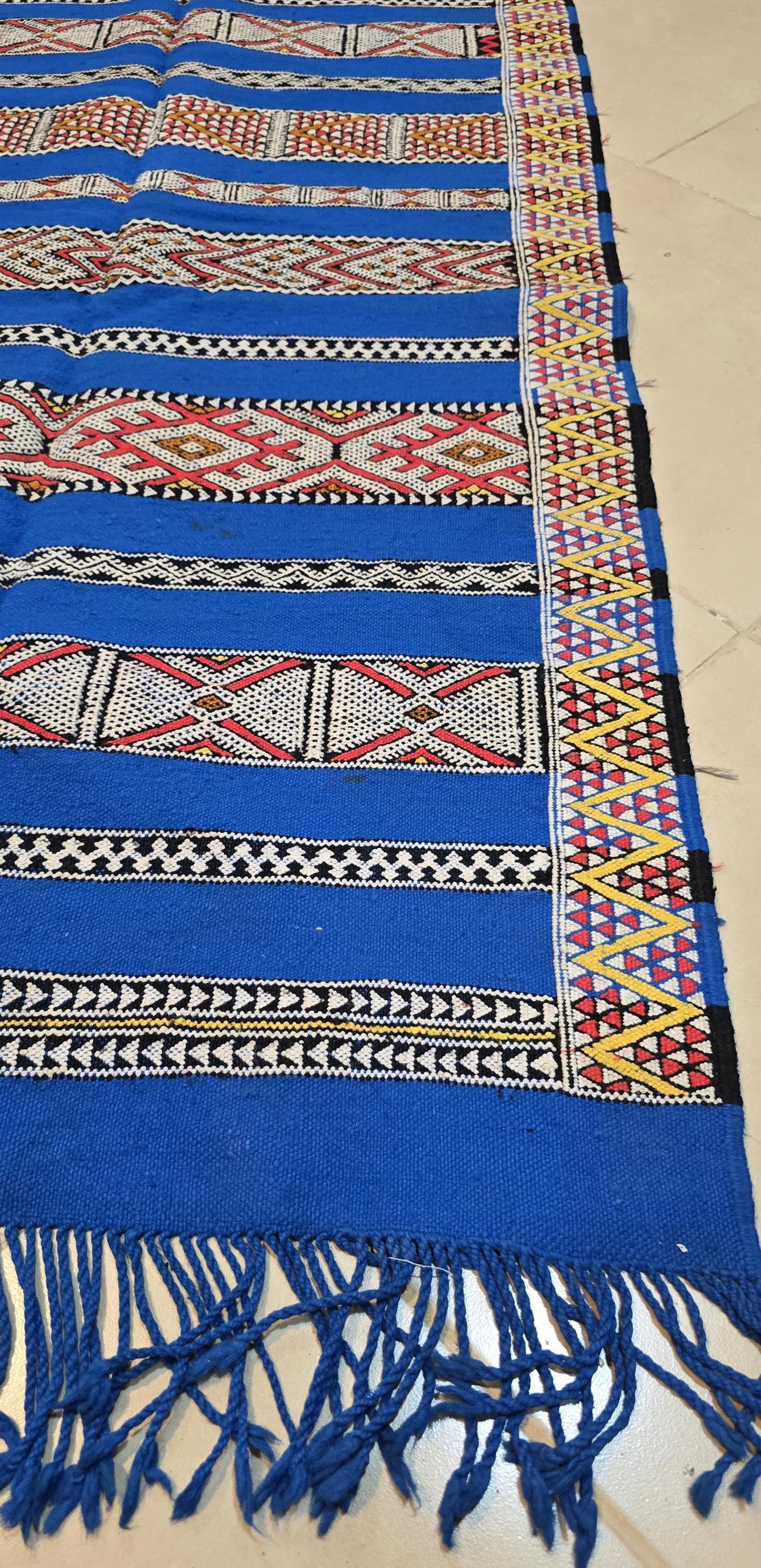Amazigh Middle Atlas Vintage Blue Kilim Rug with Symbolic Designs
