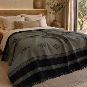 Amazigh Sage Gray Handwoven Cotton Blanket Bedspread Custom Size