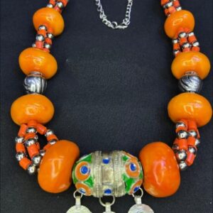 Amazigh Berber Beaded Statement Necklace with Silver Charms
