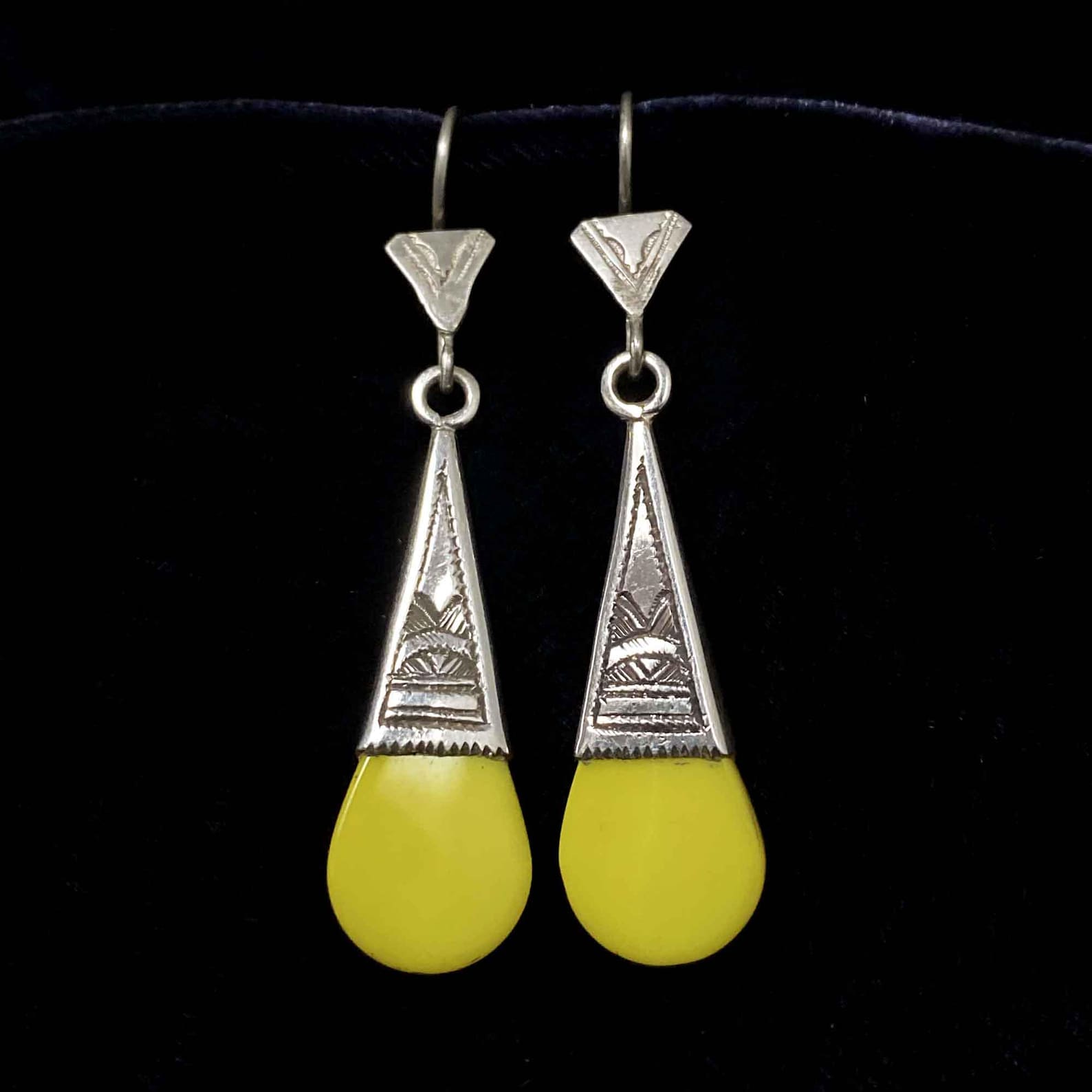 Berber Tuareg Silver and Glass Yellow Earrings with Verre In-Gall Design