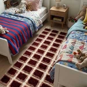 Berber Handmade Ivory Wool Runner Rug with Dark Red Square Pattern
