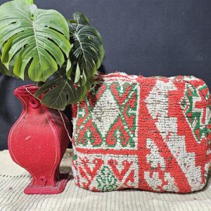 Berber Boucherouite Vintage Wool Pouf Red Floor Decor