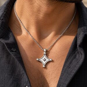 Amazigh Berber Tuareg Fibule Pendant Necklace with Silver Plated Chain