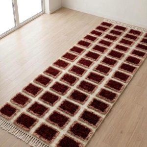 Berber Handmade Ivory Wool Runner Rug with Dark Red Square Pattern