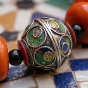 Vintage Amazigh Berber Handmade Red Bead Enameled Silver Necklace