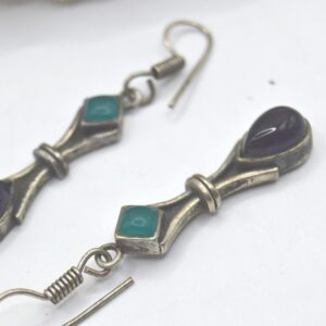 Berber Amazigh Vintage Silver Tone Drop Earrings with Green Purple Stones