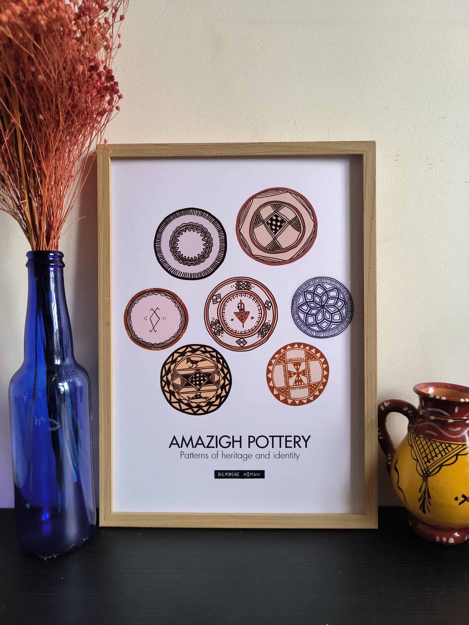 Amazigh Berber Pottery Illustration Ceramic Piece with Yaz Symbol Art
