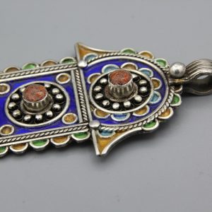 Berber Tuareg Hamsa Pendant Necklace with Blue Enamel Silver Design
