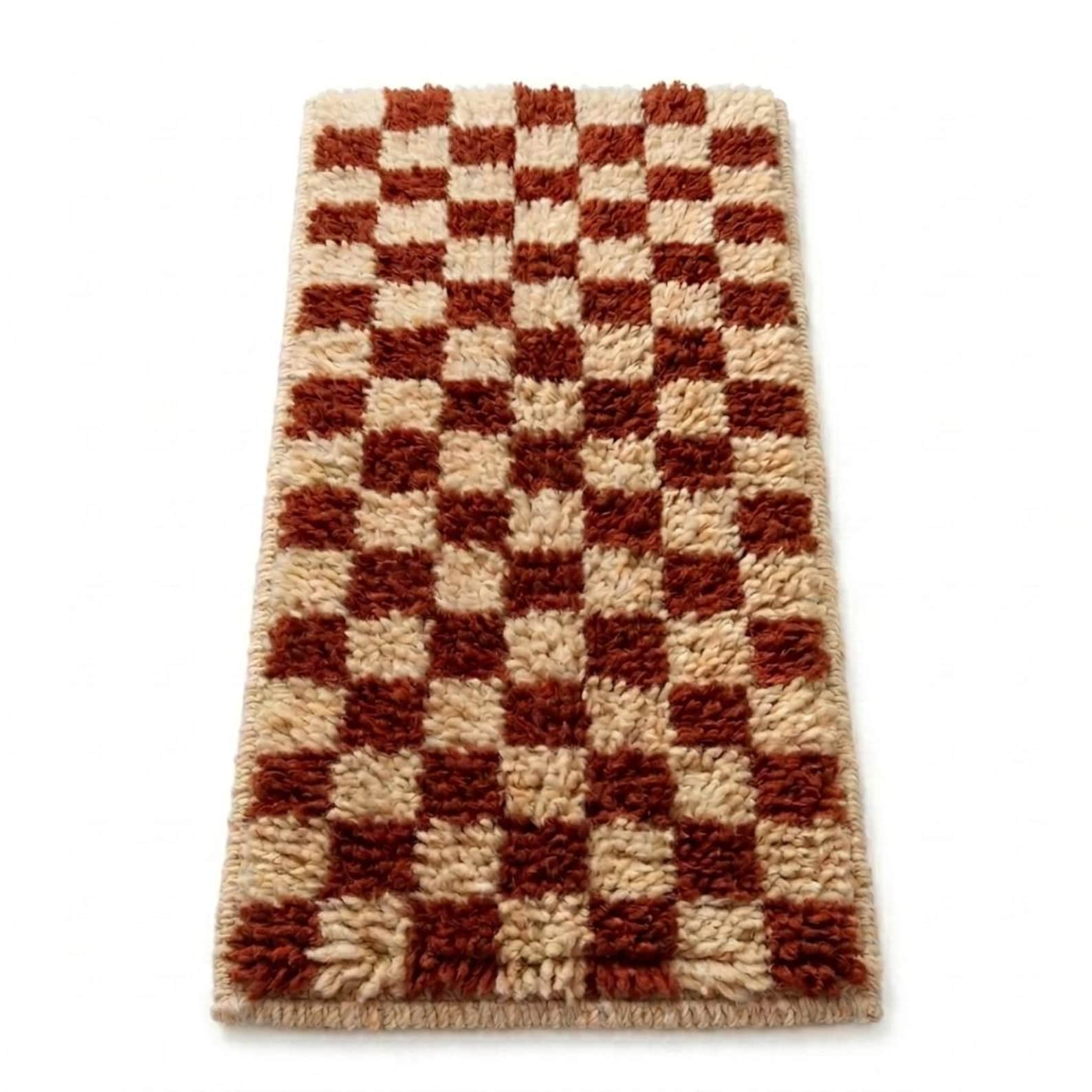 Handwoven Berber Wool Stair Tread Rug Rust Cream Checkerboard