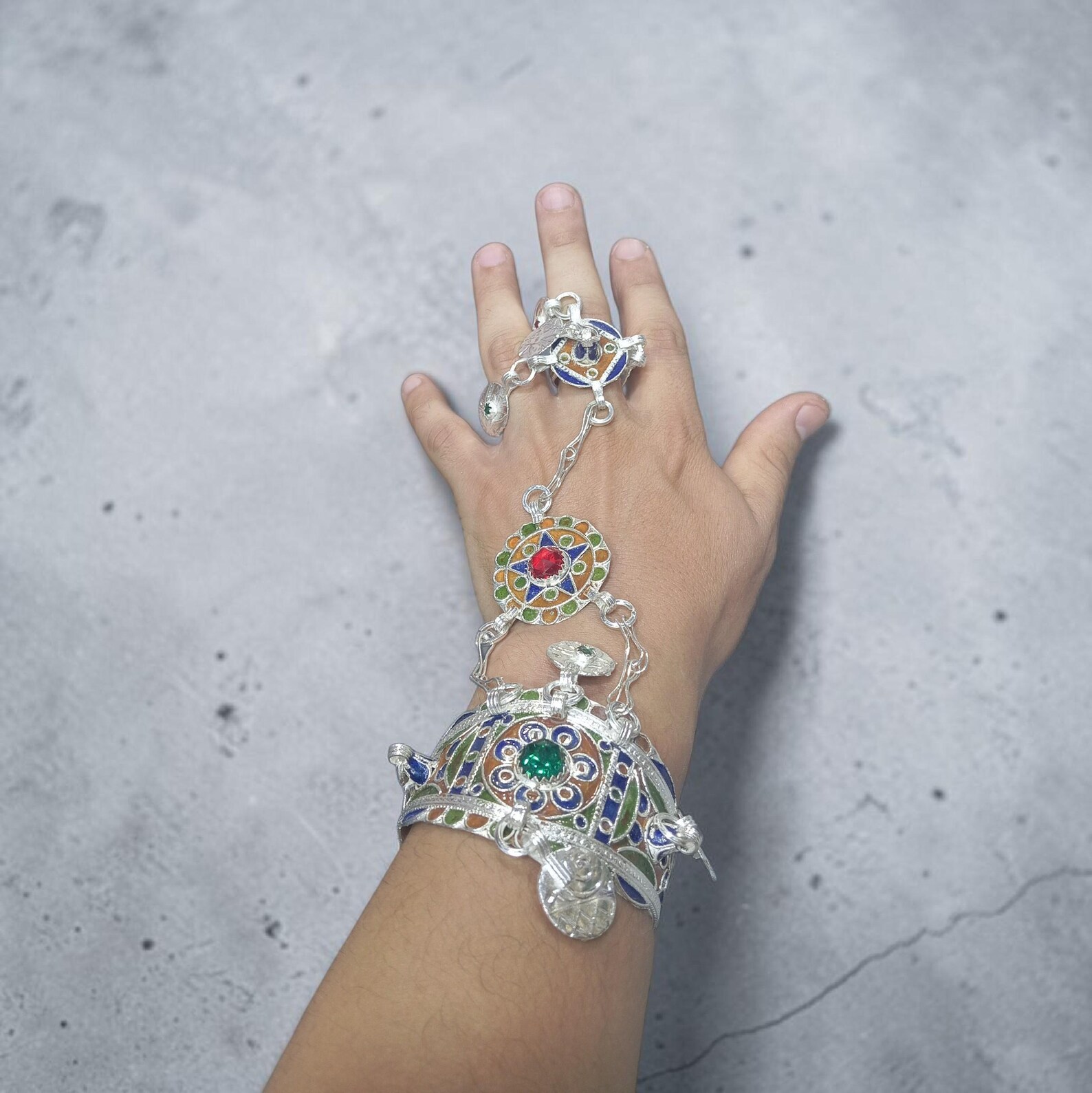 Amazigh Berber Adjustable Bracelet with Enamel Handpiece Ring Design