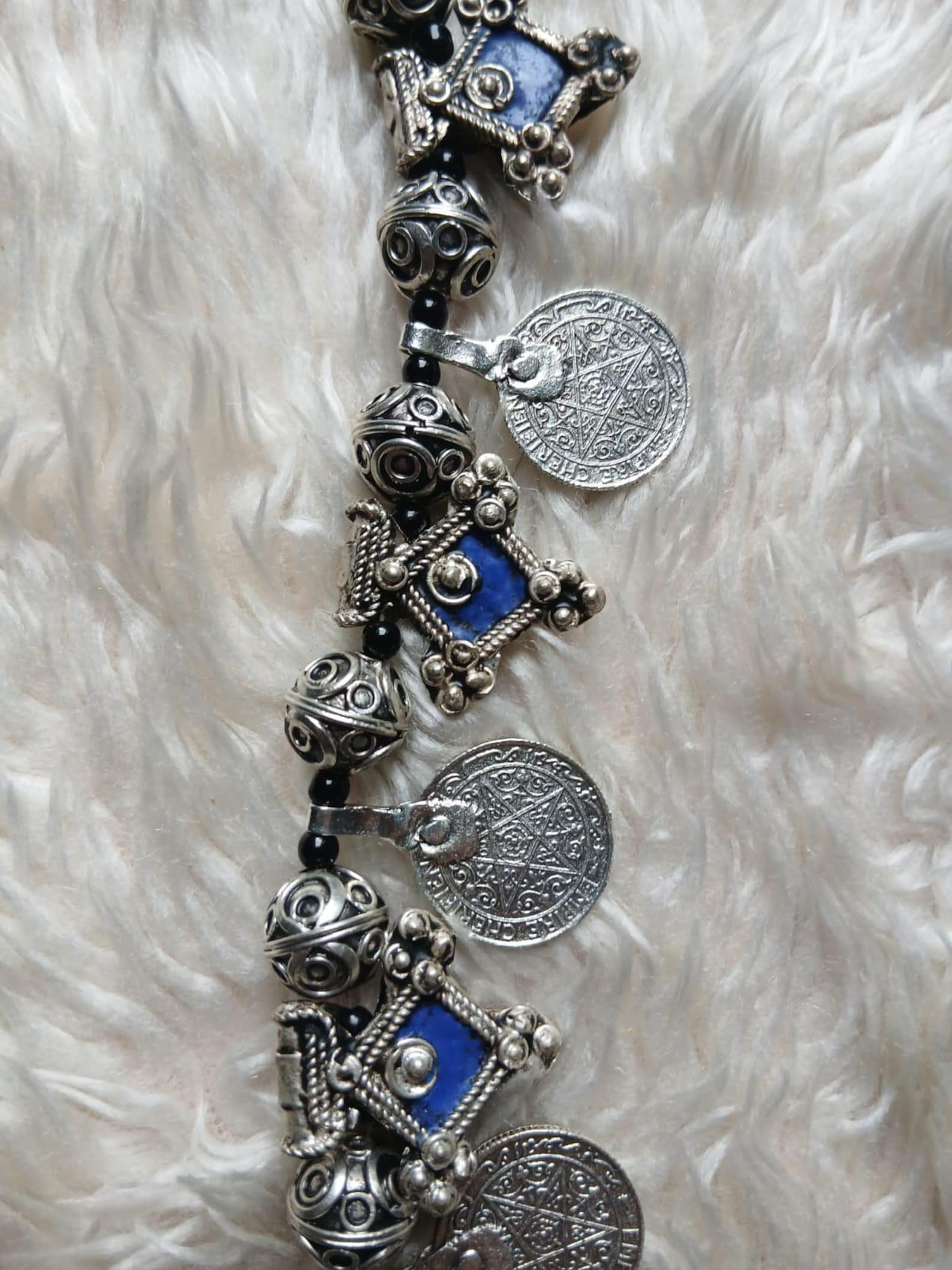 Vintage Amazigh Berber Enameled Cross Pendant Coin Charm Necklace