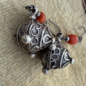 Berber Silver Earrings with Natural Coral Bead Pendants