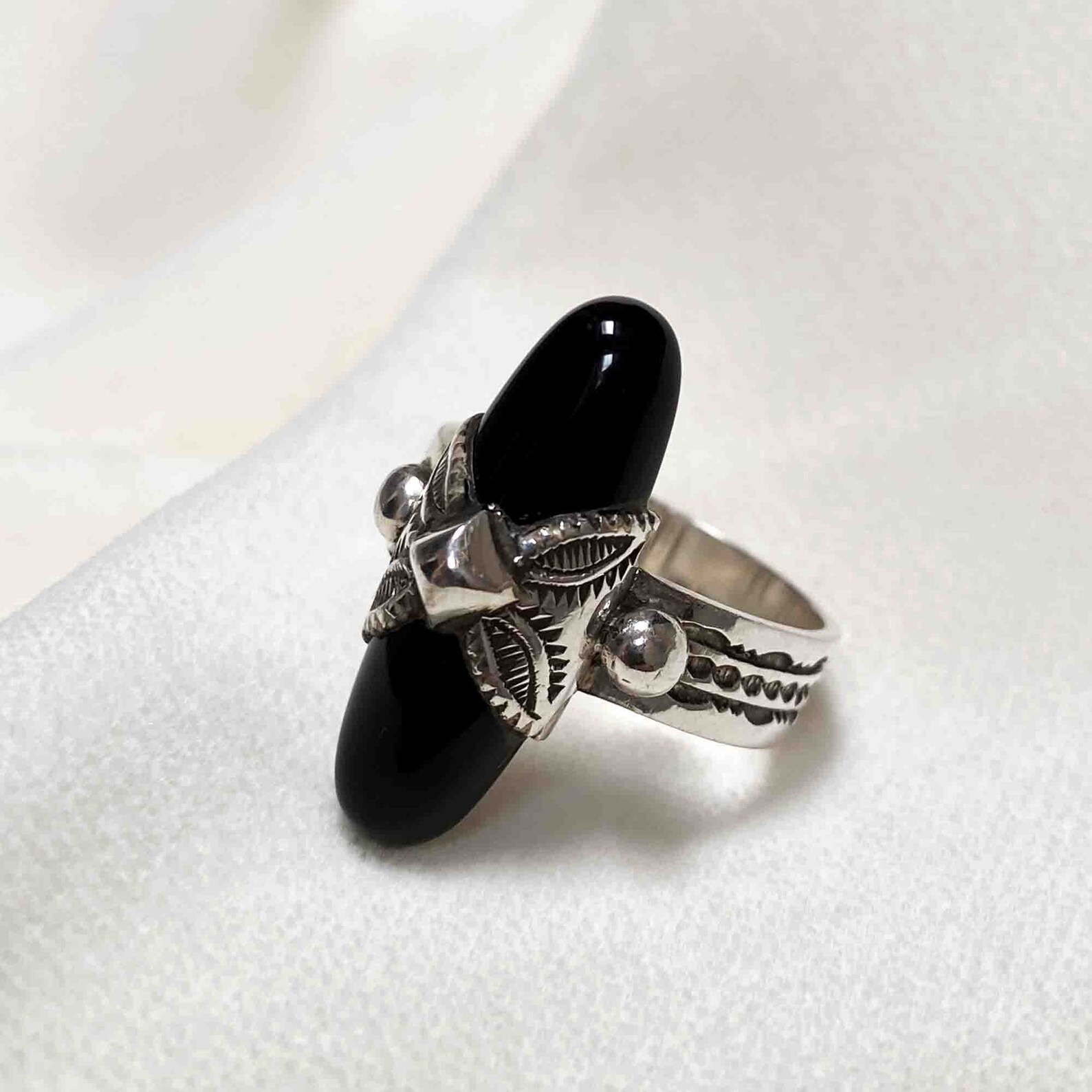 Berber Tuareg Silver Onyx Ring with Engraved Design