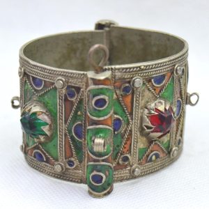 Berber Amazigh Enamel Cuff Bracelet with Red Cabochon Accents Pin Closure