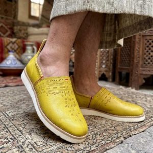 Berber Yellow Leather Babouche Shoes with Gold Embroidery