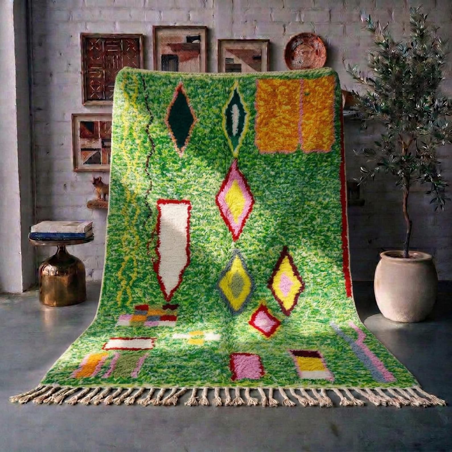 Colorful Amazigh Berber Green Wool Rug With Abstract Geometric Design