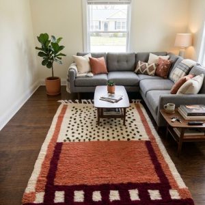 Terracotta Berber Wool Rug with Olive Green Cream Abstract Design