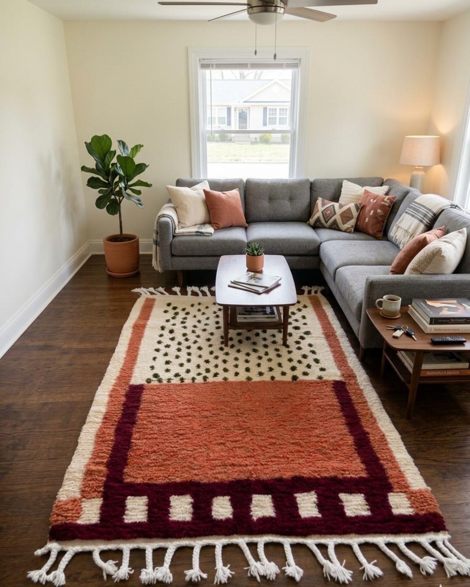 Terracotta Berber Wool Rug with Olive Green Cream Abstract Design