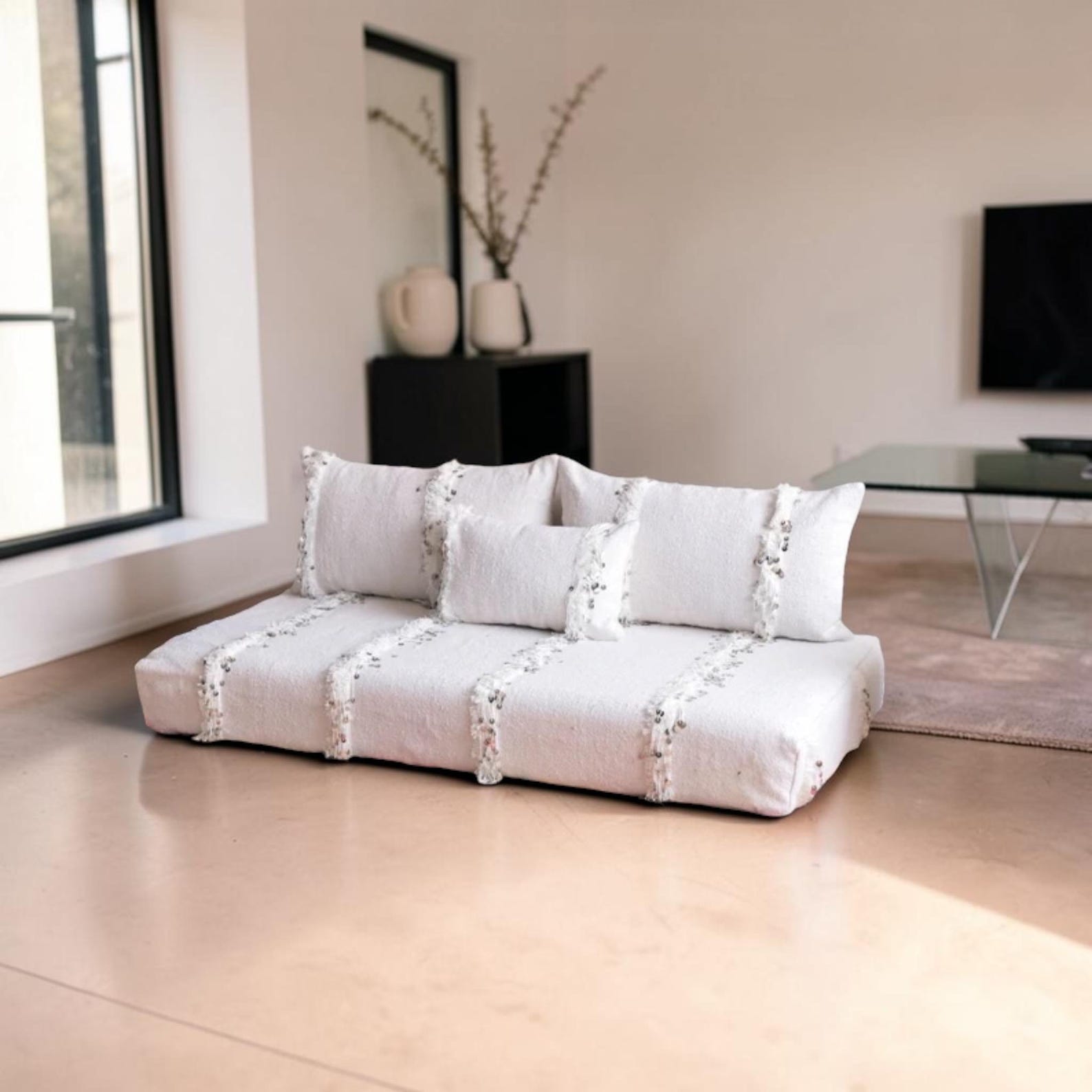 Berber Handmade White Geometric Floor Sofa Seating Pouf
