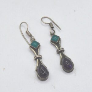 Berber Amazigh Vintage Silver Tone Drop Earrings with Green Purple Stones
