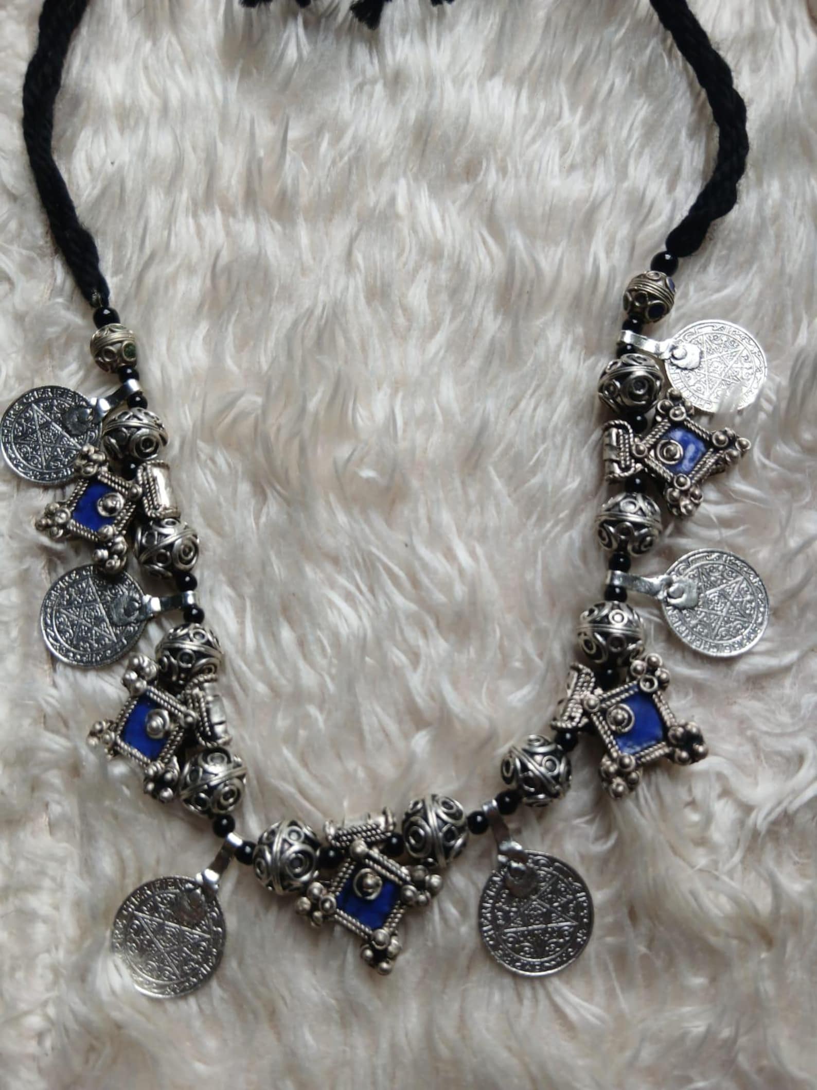 Vintage Amazigh Berber Enameled Cross Pendant Coin Charm Necklace