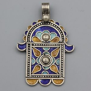 Berber Tuareg Hamsa Pendant Necklace with Sterling Silver Enamel Design
