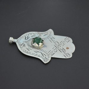 Berber Hamsa Khamsa Silver Pendant Necklace with Green Glass