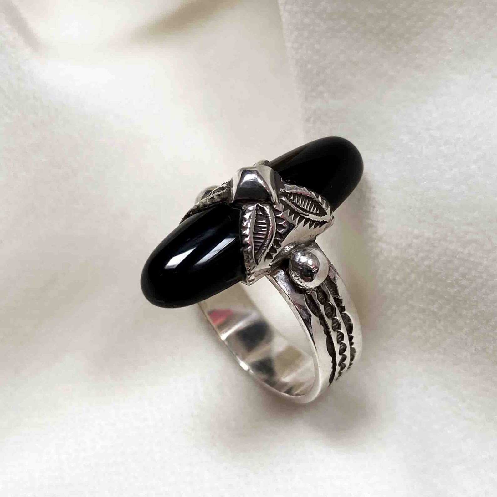 Berber Tuareg Silver Onyx Ring with Engraved Design