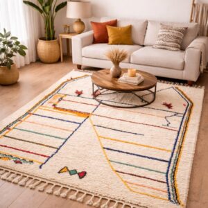 Amazigh Berber Beni Ourain Wool Rug with Geometric Cream Black Design