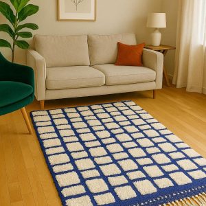 Berber Beni Ourain Blue Grid Handmade Wool Rug with Boujaad Style