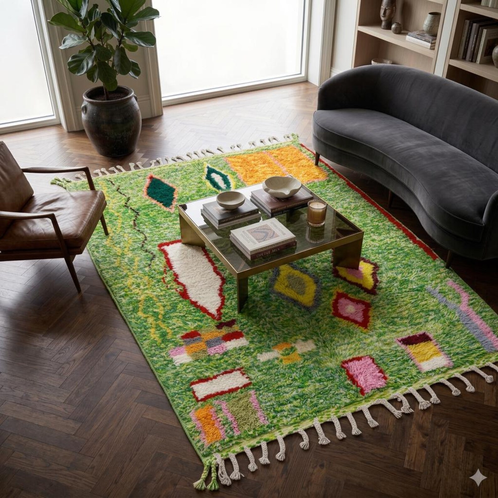 Colorful Amazigh Berber Green Wool Rug With Abstract Geometric Design