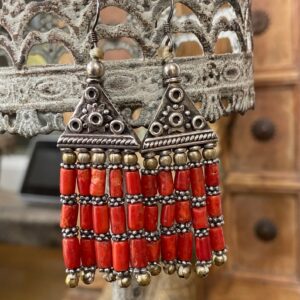 Berber Coral Drop Earrings with Silver Tribal Beaded Design