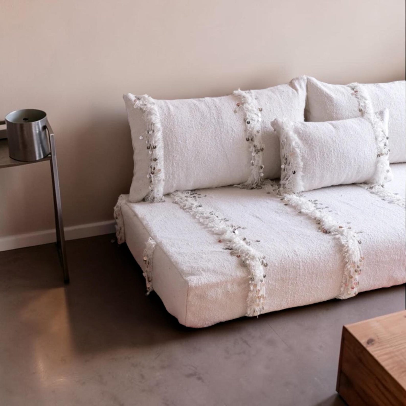 Berber Handmade White Geometric Floor Sofa Seating Pouf