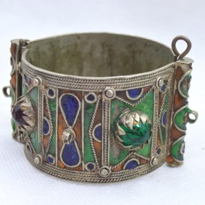 Berber Amazigh Enamel Cuff Bracelet with Red Cabochon Accents Pin Closure