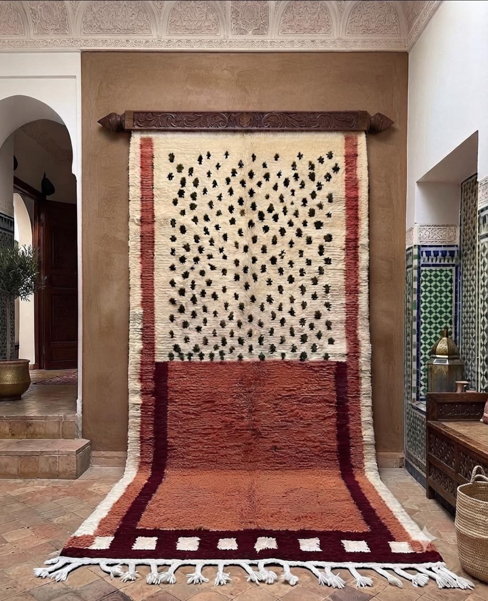 Terracotta Berber Wool Rug with Olive Green Cream Abstract Design