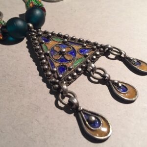 Berber Enamel Silver Pendant Necklace with African Trade Bead Chain